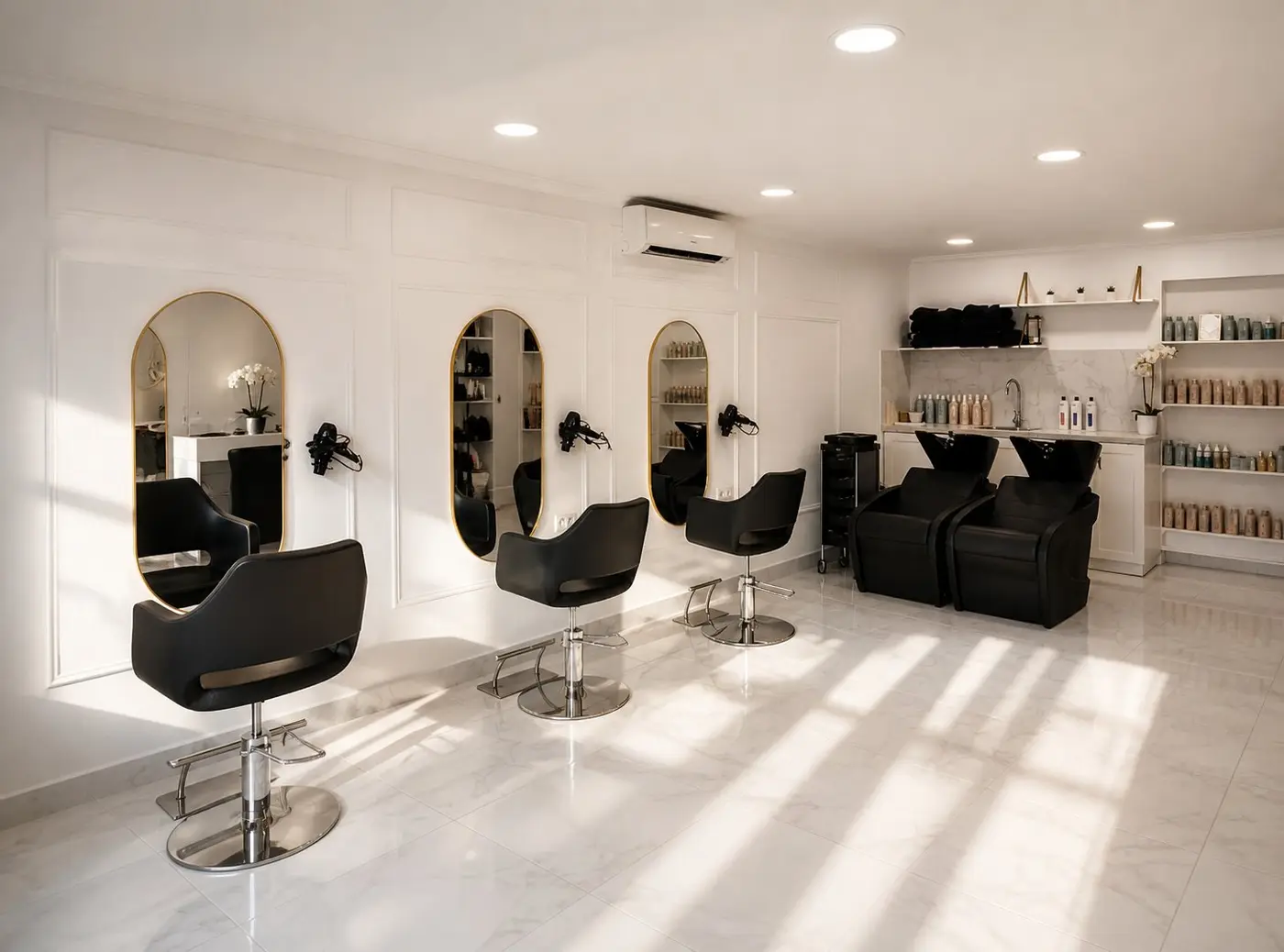 Salon de coiffure femme Maison Montesson à Bezons — 3 postes de coiffage, miroirs ovales dorés et lumière naturelle